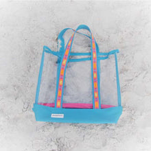 Load image into Gallery viewer, Summer beach bag. UV marine grade clear tote that you can see everything inside. Turquoise edging and bottom with a brightly coloured ribbon added to the straps.