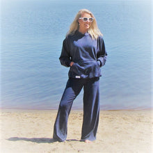 Load image into Gallery viewer, Denim blue women's lounge pant with matching hoodie. The bamboo and cotton fabric is so soft and comfy. Perfect for a cool summers night. Cut and sewn in Canada.