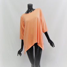 Load image into Gallery viewer, Coral coloured woman's bamboo cotton lounge top. Boatneck , 3/4 sleeves and hemline is longer on sides. Cut and sewn in Canada.