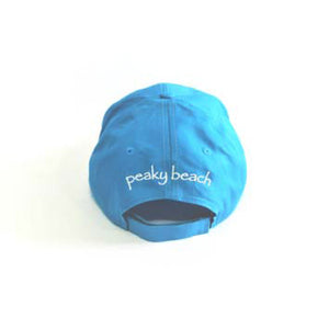 Turquoise ball cap from the back. The opening is big enough to put your ponytail through.