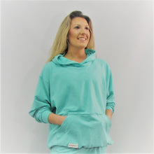 Load image into Gallery viewer, Caribbean blue bamboo cotton hoodie. This is so soft and great to walk the beach in. Made in Canada.