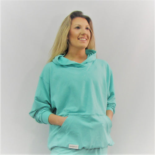 Caribbean blue bamboo cotton hoodie. This is so soft and great to walk the beach in. Made in Canada.