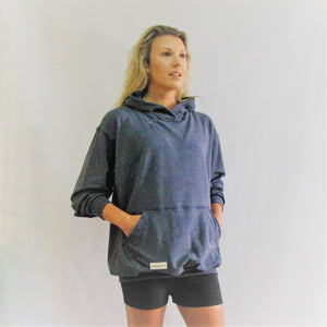 Denim blue bamboo cotton hoodie with a roomy cut. Made in Canada.