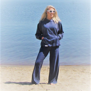 Denim blue women's lounge pant with matching hoodie. The bamboo and cotton fabric is so soft and comfy. Perfect for a cool summers night. Cut and sewn in Canada.