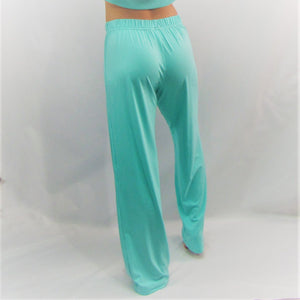 Caribbean blue women's lounge pant with pockets. High waisted and roomy leg cut. The bamboo and cotton are so soft. Cut and sewn in Canada.