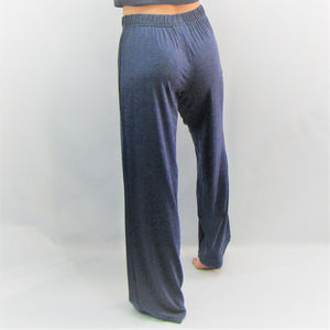 Denim blue women's pant made from bamboo and cotton. Wide leg and high waisted. Cut and sewn in Canada.