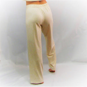 Sand coloured bamboo and cotton  women's lounge  pant.  They have wide legs and are high waisted with a phone pocket. Made in Canada.