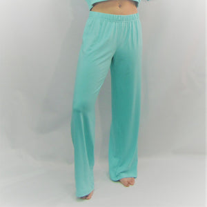 Caribbean blue women's lounge pant. Roomy leg cut and high waisted. Made in Canada.