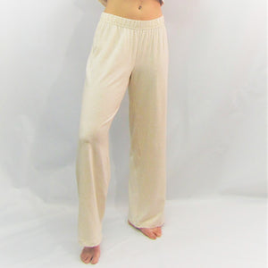 Sand coloured bamboo and cotton  women's lounge  pant.  They have wide legs and are high waisted. Made in Canada.
