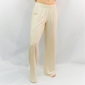 Sand coloured bamboo and cotton women's lounge pant with pockets. High waisted and roomy leg cut. Made in Canada.