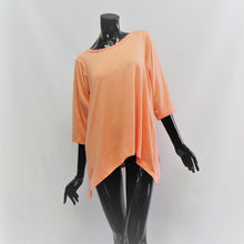 Load image into Gallery viewer, Coral coloured woman&#39;s bamboo cotton lounge top. Boatneck , 3/4 sleeves and hemline is longer on sides. Cut and sewn in Canada.