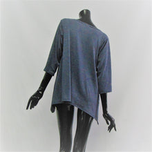 Load image into Gallery viewer, Denim coloured women&#39;s lounge top with  boatneck and 3/4 sleeves. The hem is longer on the sides then the front and back. Made in Canada.