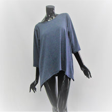 Load image into Gallery viewer,  Denim coloured women&#39;s lounge top made from bamboo and cotton. Boat neck, 3/4 sleeves and hemline longer on the sides. Made in Canada.