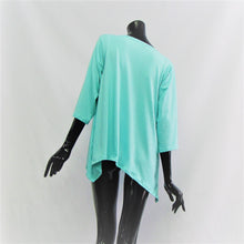 Load image into Gallery viewer, Caribbean blue casual top for women. Made from bamboo and cotton, very soft to touch.  Boat neck , 3/4 sleeve length and a curved hemline. Cut and Sewn in Canada. 